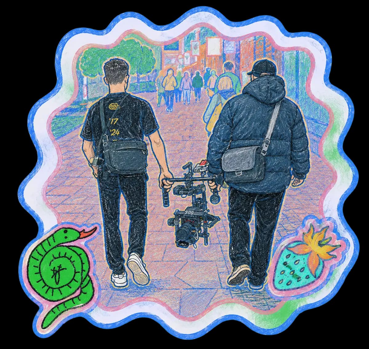 Kamerateam auf dem Weg zum Set